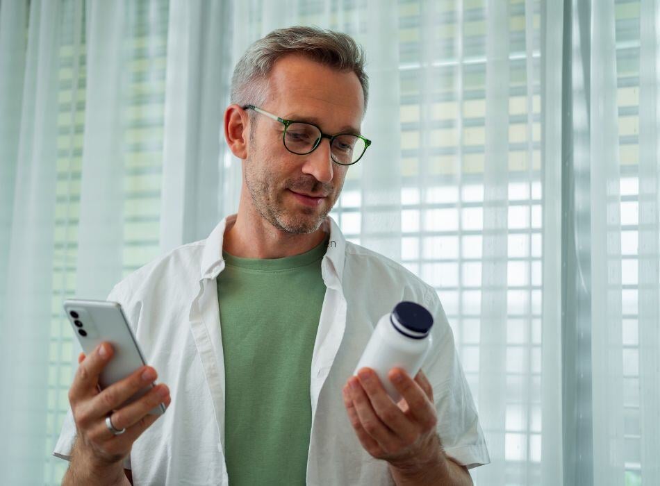 man looking at vitamin bottle