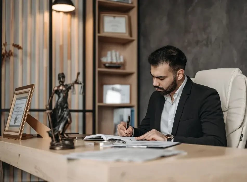 man writing at desk